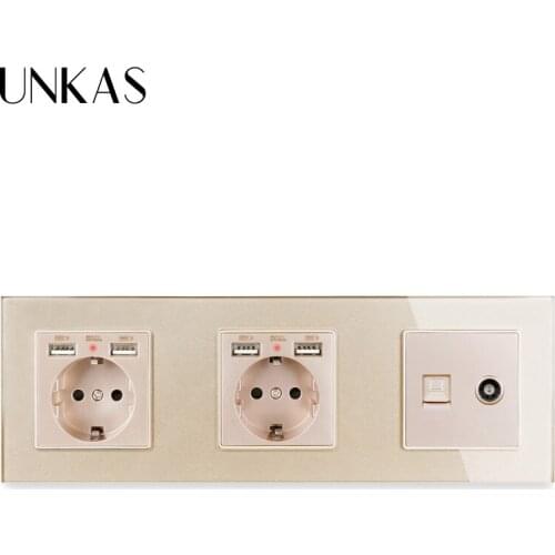 UNKAS Glass Panel Dual EU Standard Electric Socket With 4 USB Charging Port + Female TV Jack Internet Computer Data RJ45 CAT5E