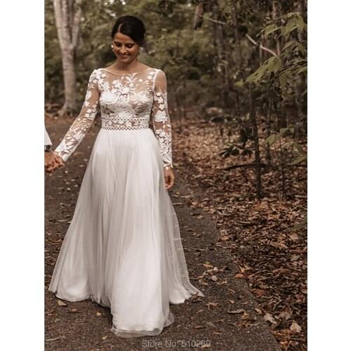 Elegant Long Sleeves Wedding Dress Floral Lace Tulle Low Back Bridal Gowns Vestido De Noiva Sereia Casamento Marriage