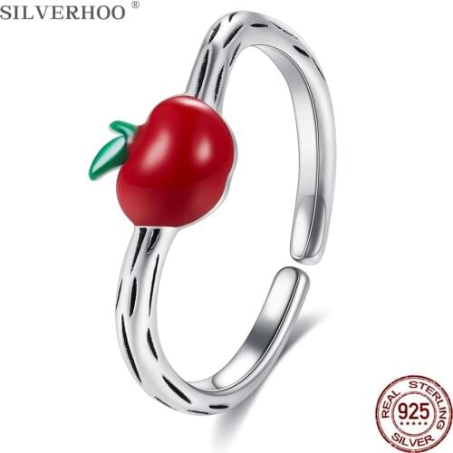 SILVERHOO 925 Sterling Silver Rings For Women Tiny Apple Shape Adjustable Ring Teenager Gift Hot Selling Female Fine Jewelry