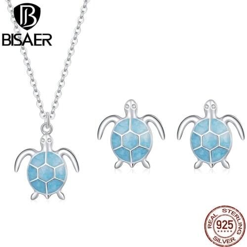 Bisaer 925 Sterling Blue Turtle Ears CZ Earrings and Necklace Jewelry Sets for Women Fine Wedding women gift Jewelry Set WES227