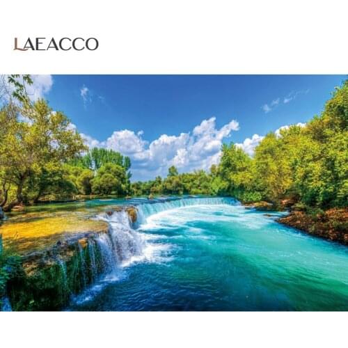 Laeacco Blue Sky Clouds Green Forest Waterfall Nature Scene Photography Backdrop River Photo Background Photocall Photo Studio