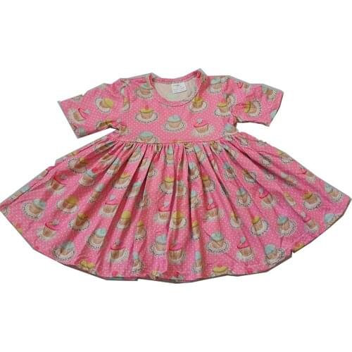 Hot selling pink unique design cup cake print pretty girl short sleeve twirl dress