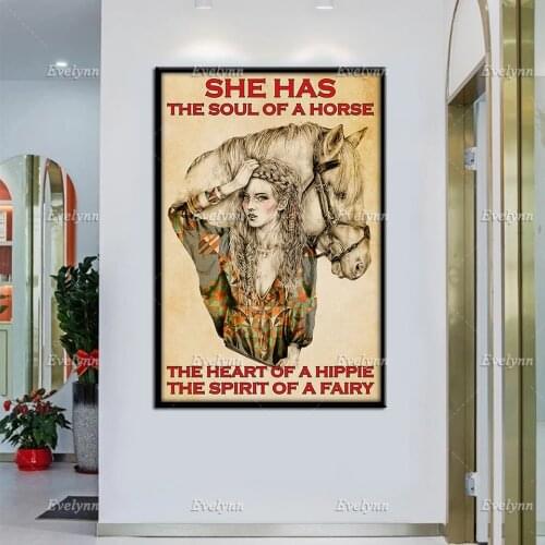 Horse Lovers And Girl Retro Poster She Has The Soul Of A Horse The Heart Of A Home Decor Prints Wall Art Canvas Unique Gift