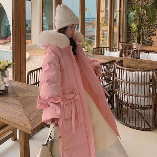 Fashion Thick Big Fur Collar Padded Jacket Girs Winter Clothes Womens Cute Bow Loose Mid-length Over-the-knee Padded Coat