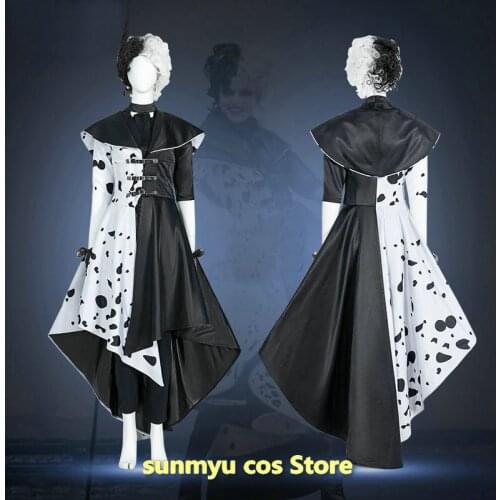 2021 Cruella Costume Cosplay Evil Queen Black White Coat Evening Party Dress Fashion Emma Magic Performance Oufit Halloween