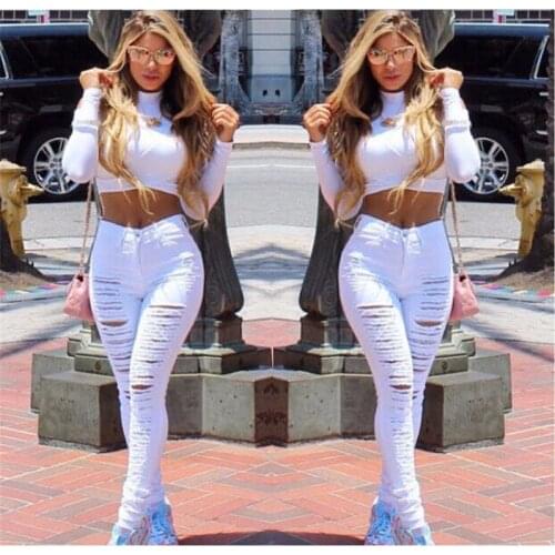 2021 New Fashion Wild Casual Commuter Big Hole Small Feet Pants Personality Honing Broken Elastic Jeans Womens Trousers