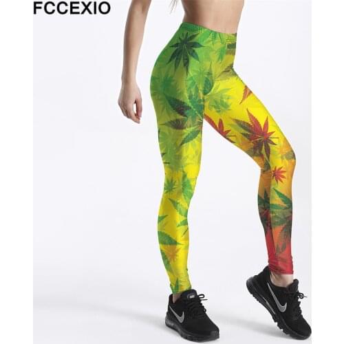 FCCEXIO New Workout Leggings High Waist Fitness Legging Weeds Maple Leaf 3D Printed Leggins Female Leg Pants Large Size Leggings