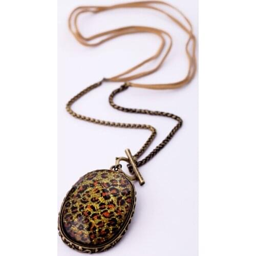 Bulk Price Casual Resin Leopard Print Oval Pendant Necklace Vintage Long Rope Chain Necklace Women Fashion Jewelry Wholesale