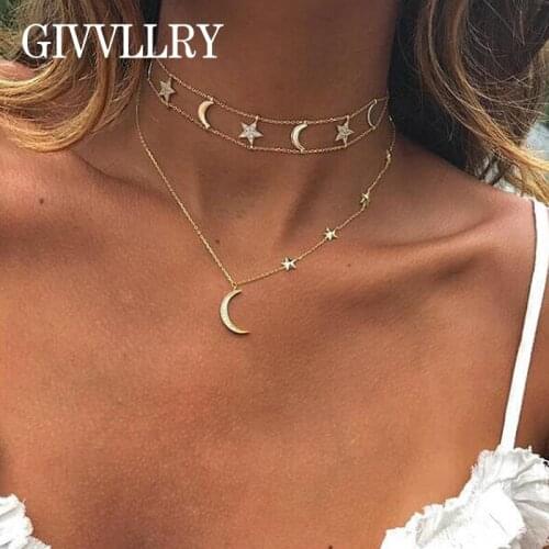Free Shipping Star Moon Chain Choker Necklace Gift Jewelry Elegant 2 Layered Chains Rhinestones Moon Pendant necklaces for Women