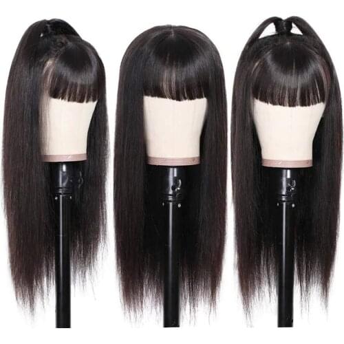 Long Straight Wigs With Bangs Full Machine Made Wigs 1B Color Synthetic Hair 20 22 24 26 28 30 inch Neat Bangs Wig For Women