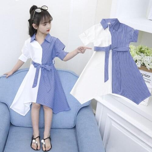 Dress Girl Striped Patchwork Party Girl Dress Fashion Bow Belt Dress Kids Summer Fashion Clothes For Girls 4 5 6 7 8 10 12 Years