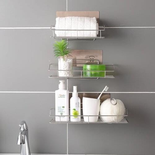 Stainless Steel Bathroom Shelves Punch-Free Wall Hanging Storage Rack Kitchen Tableware Shower Shampoo Organizer Accessories