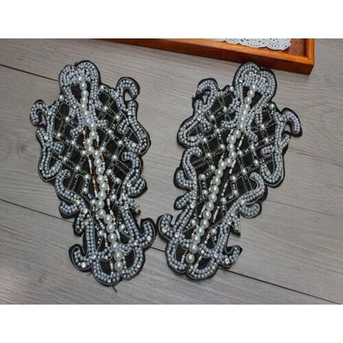 Size-27*15cm(2pcs/lot) Sewing Beaded Ivory Pearls and Crystal Rhinestone Applique for Party Skirt Dress