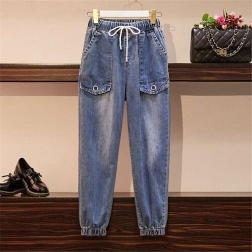 Plus size Loose Nine-point Jeans Women Streetwear Elastic waist Casual Vintage Denim Pants Female Pocket High waist Trousers