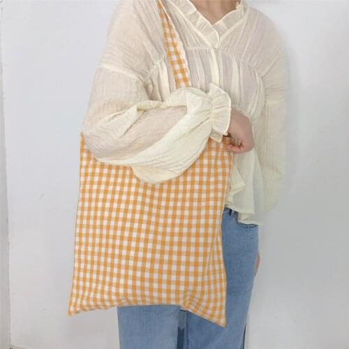Promotional Personalized Plaid Organic Cotton Reusable Shopping Bag Heavy Duty Fresh Linen Purse Girl Student Shoulder Bag