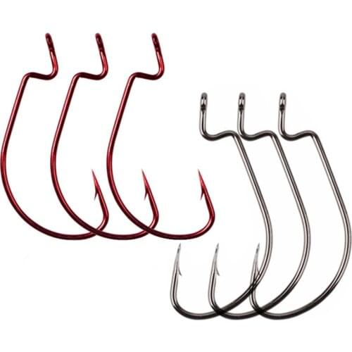100pcs Wide Gap Worm Fishing Hooks Jig Crank Big Bass Hook Black Red High Carbon Steel Crank Barbed Hook for Soft Fishing Lure