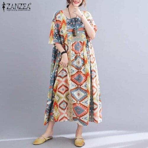 Plus Size Womens Summer Sundress ZANZEA 2021 Kaftan Floral Dress Casual Printed Midi Vestidos Female Pleated Robe Femme 5XL