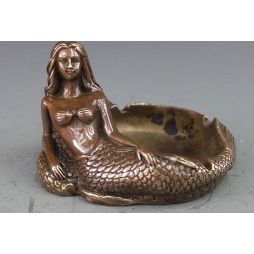 SCY 1115+++Chinese Bronze Copper Statue carving Mermaid Ashtray Sculpture