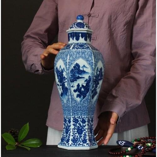 Chinese Style Hexagonal Blue And White Ceramic Ginger Jar Landscape Ornaments Modern Living Room porcelain temple jar