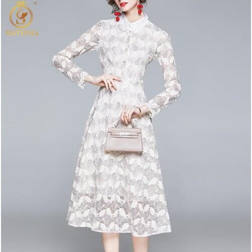 SMTHMA 2021 New Fashion Autumn Elegant Temperament Slim Lace Hollow Out Long Dress Womens Long Sleeve Dresses Vestidos