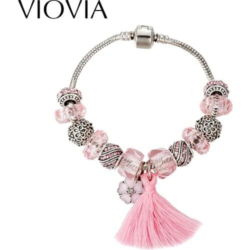 VIOVIA Silver Color Flower Pink Tassel Glass Bead Charms Sizes Bracelet Fit Original Bracelet for Women Jewelry Pulseras B16050