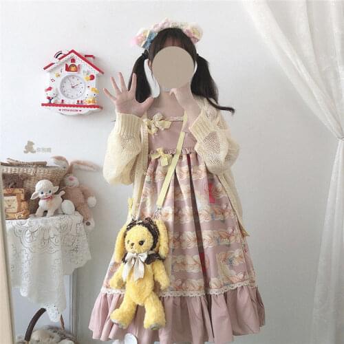 Japanese Sweet Lolita Long-haired Girl Cute Waist Ruffled Jsk Sling Daily Lace Watercolor Summer Kawaii Dress