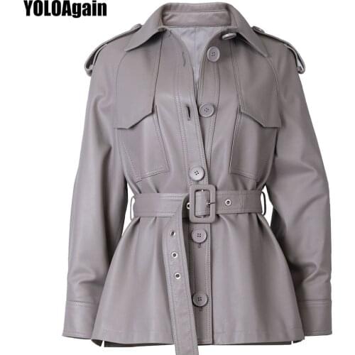 YOLOAgain Spring Fashion Single Breasted Women Genuine Leather Shirt Jacket With Belt