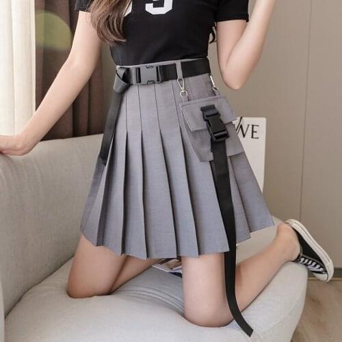 New Spring and Summer High Waist Women Mini Skirts Overalls Pleated Skirt Female Cool Student Chic Stitching Pocket with Belt
