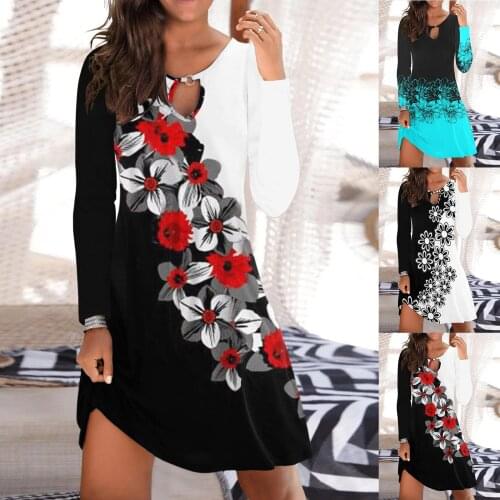 Women Floral Printing Mini Dresses 2021 Spring Autumn Aesthetic Casual Sexy Hollow Out Long Sleeve Loose Dress Женское Платье