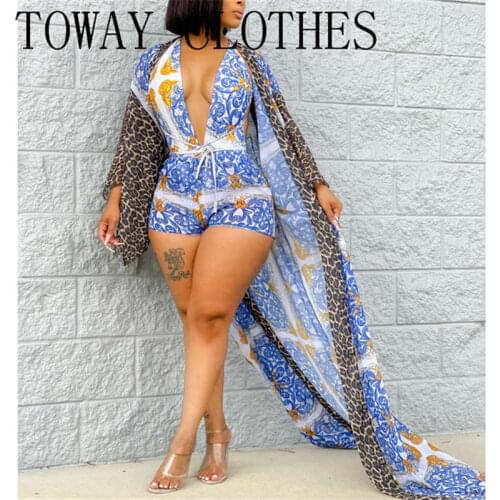 Women Summer All Over Print Halter Sleeveless Skinny Romper With Long Sleeve Coat Suit Sets 2PCS