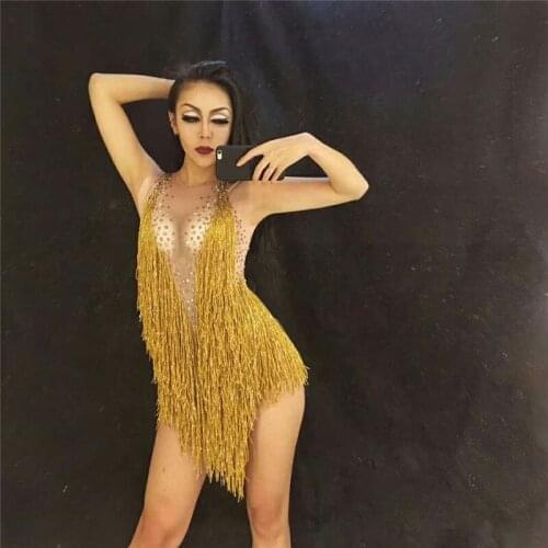 F59 Gold tassel women sexy jumpsuit dj stage wears show bodysuit singer outfit models performance diamonds ballroom dance costu