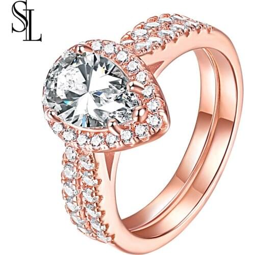 SL 2pcs Bridal Ring Set Jewelry 925 Silver White Zirconia Rings For Women Engagement Wedding Gift