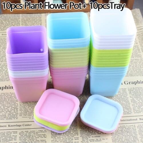 10pcs Mini Square Plastic Plant Flower Pot Home Office Decor Planter Colorful With Pots Trays Green Plant Nursery Pot