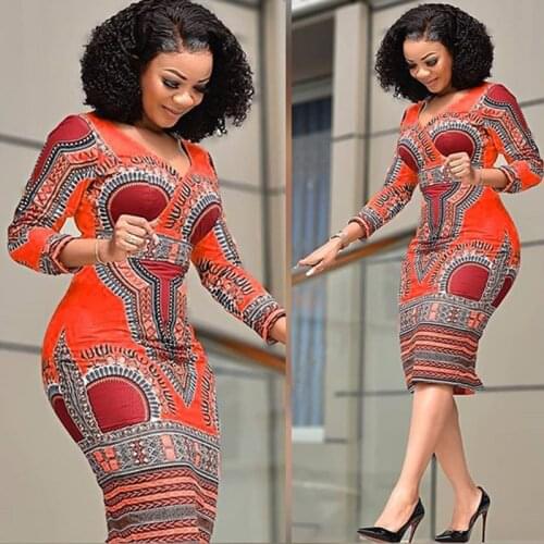 2021 New African Style Print Retro Dress for Women Elegant Fashion V-neck Bodycon Plus Size Midi Dress Long Sleeves Vestidos