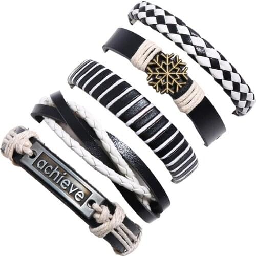 5Pcs/Set Retro Woven Mens Cowhide Bracelet DIY Combination Set Leather Bracelet