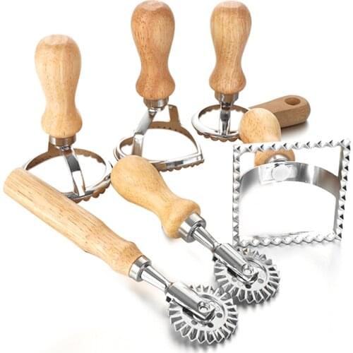 Ravioli Maker Cutter Stamp Set Leading Dough Cutter and Press Stamps with Wooden Handle for Ravioli,Pasta,Dumplings 6Pcs