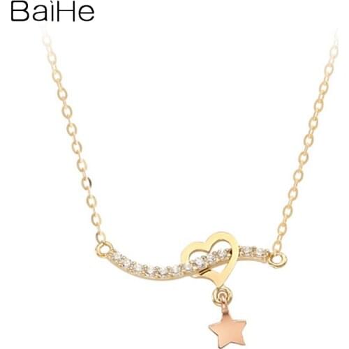 BAIHE Solid 18K Yellow Rose Gold 0.06ct Round Natural Diamonds Wedding Cute/Romantic Fine Jewelry Diamond Star Heart Necklaces
