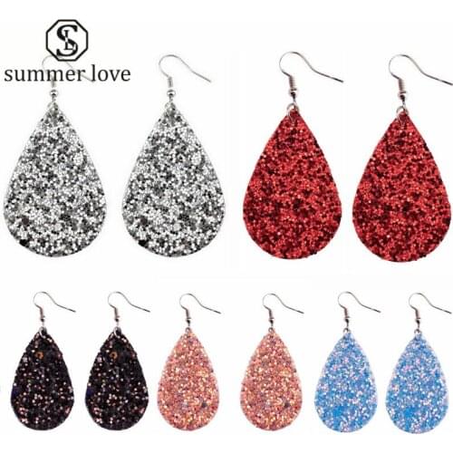 Boho Glitter Teardrop PU Leather Sequin Earrings for Women Red Purple Water Drop Bohemian Statement Earring Jewelry