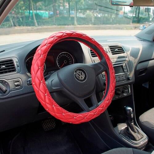 Car Steering Wheel Cover Crystal Rhinestone Diamond for Girl Steering Wheel Case Universal Size 38cm Red PU Leather