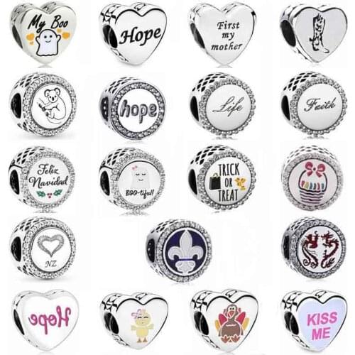 DIY Charm Openwork Life Faith & Cross Heart Shape Hope Ribbon Kiss me 925 Sterling Silver Beads Fit Fashion Bracelet Jewelry