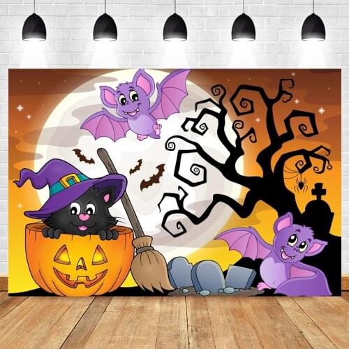 Yeele Halloween Backdrop Photocall Moon Cat Broom Tombstone Bat Pumpkin Cartoons Background Photography Photo Studio Photophone