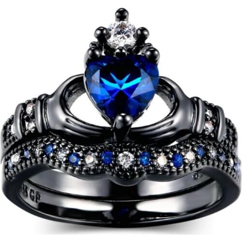 Trendy Gunblack Lover Heart Charm Finger Rings for Women Blue White Crystal Wedding Ring Set Valentines Day Gifts Claddagh Ring