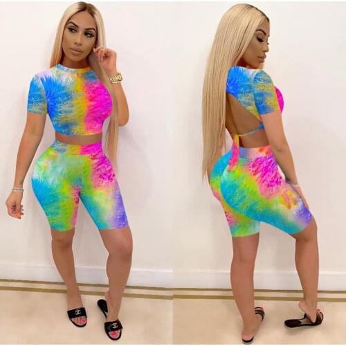 Multicolor Tie-dye Print Two Piece Set Short Sleeve Lounge Wear Back Lace Up Crop Top + Biker Shorts Fitness Sport Sets S-XXL