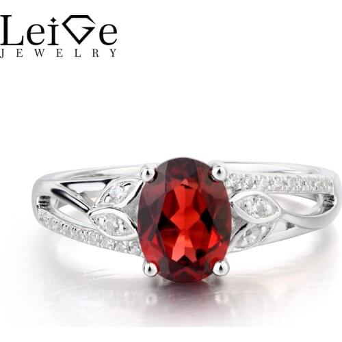 Leige Jewelry Wedding Ring Natural Garnet Ring January Birthstone Oval Cut Red Gemstone Solid 925 Sterling Silver Romantic Gifts