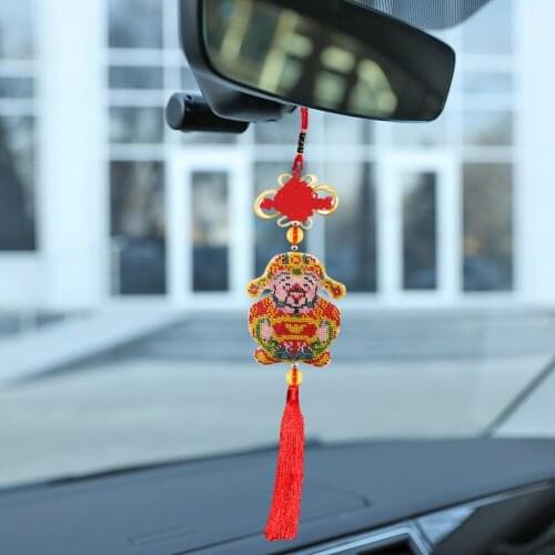 Cross Stitch Kit God of Wealth DIY Beaded Stamped Print Tassel Pendant Supplies Unique Parts Portable Car Ornaments
