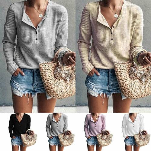 Womens Autumn Long Sleeve Button T-shirts Casual V-Neck Pullovers Tops