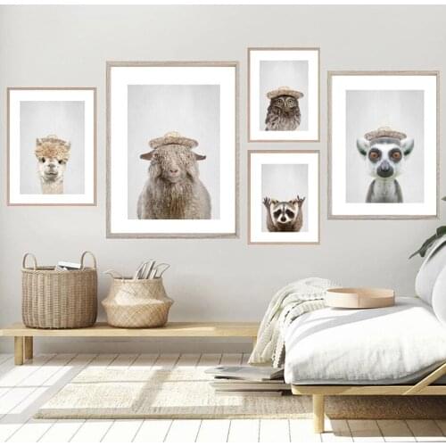 Sloth Raccoon Sheep Alpaca Nordic Posters And Prints Animals Wear Hats Art Canvas Painting Wall Pictures For Living Room Decor