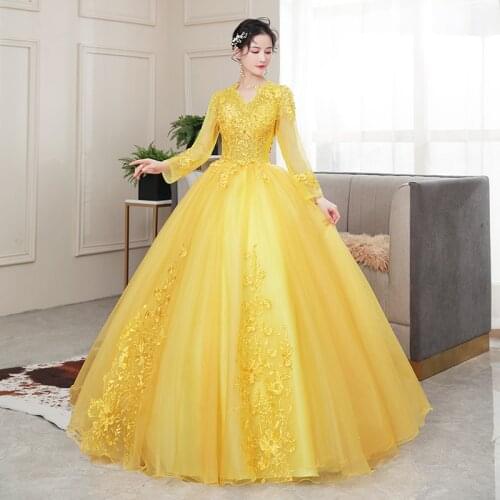 Full Sleeve Sexy V-neck Quinceanera Dress 2021 Party Prom Ball Gown Luxury Lace Vintage Quinceanera Dresses Vestidos Robe De Bal