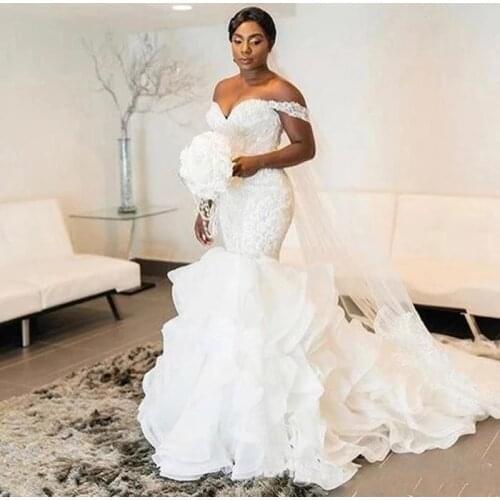 Modern Off Shoulder Ivory Mermaid Wedding Dresses Long Train Cascading Ruffles Back Lace-up Formal Bridal Wedding Gowns Plus