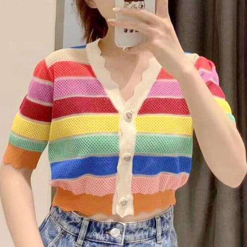 2021 Hot Sale 20567 (room 5, Row 4, No. 4) Non Real Shot Net Red Stripe V-neck Knitted Cardigan 32